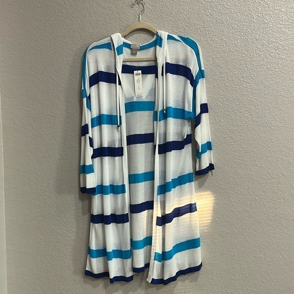 Chico’s Zenergy Striped Cardigan Blue White 3/4 Sleeves Chico’s Size 2/Large